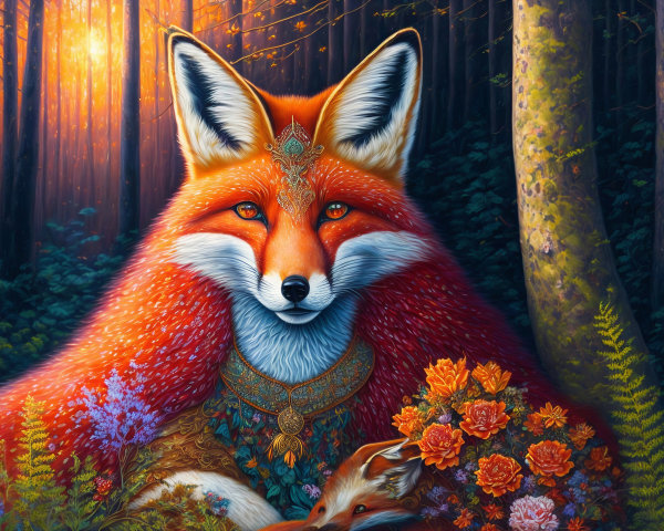 Stylic fox in a vibrant, magical forest setting
