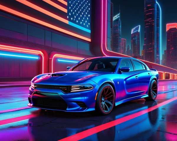 Blue Dodge Charger in Neon-Lit Futuristic Cityscape