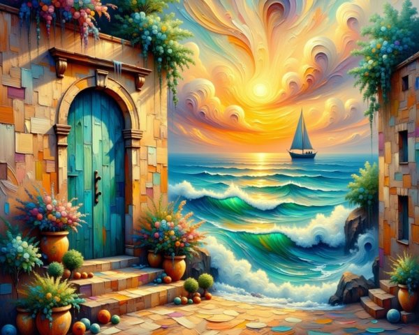 Vibrant Seaside Scene with Turquoise Door and Sunset