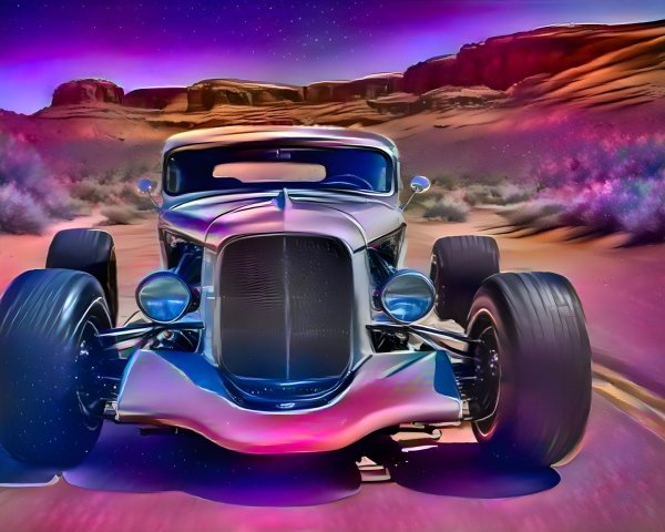 Vintage Hot Rod in Surreal Desert Landscape