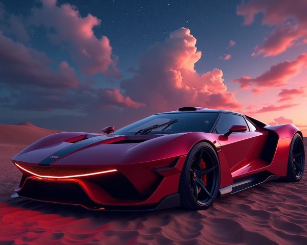 Red Sports Car in Desert at Sunset with Colorful Sky