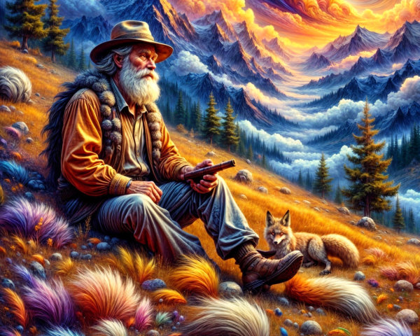 Wise Old Man in Colorful Landscape with Fox