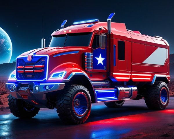 Futuristic Red Truck with Cosmic Backdrop Design