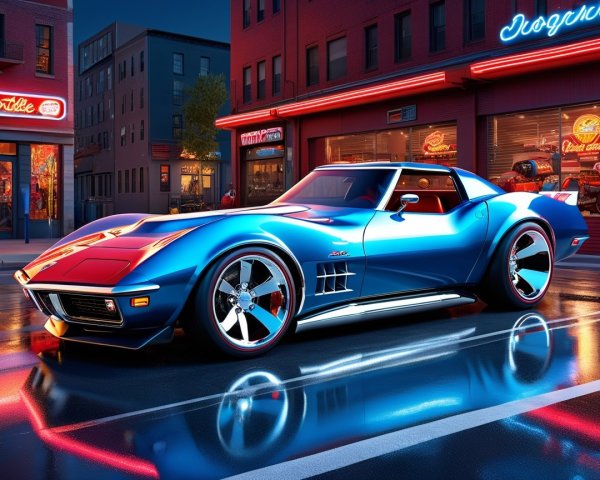 Vibrant Blue Corvette in Urban Night Scene