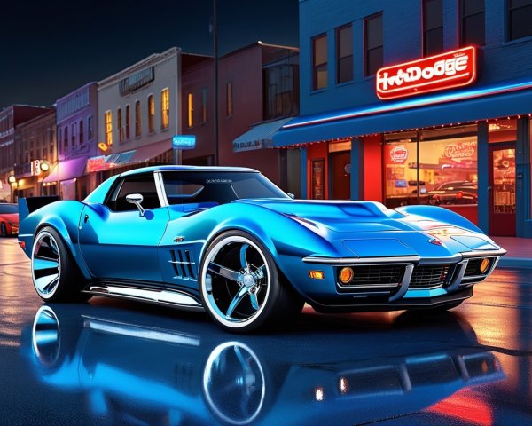 Vintage Blue Corvette on Rainy Neon Street
