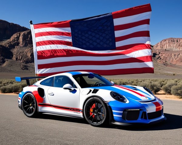 White Sports Car with Racing Stripe in Desert Scene