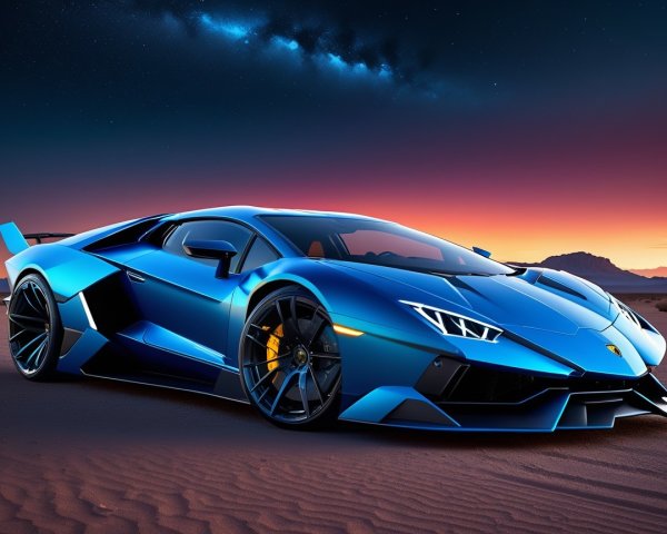 Blue Lamborghini Aventador Against Sunset Landscape
