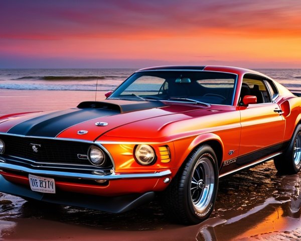 1970 Ford Mustang Boss 302 at Sunset on Beach
