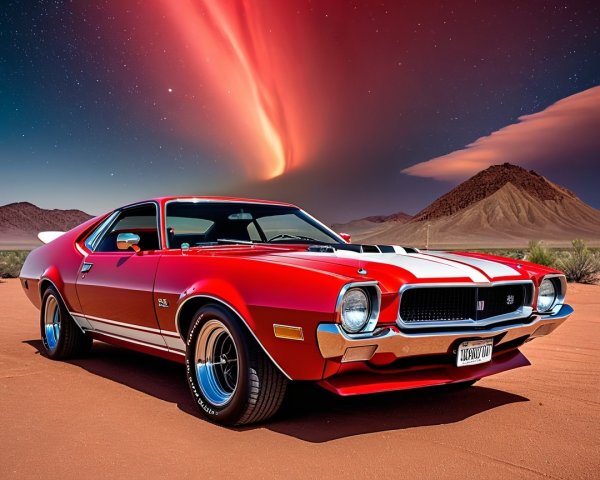 Vintage Muscle Car in Desert with Dramatic Sky