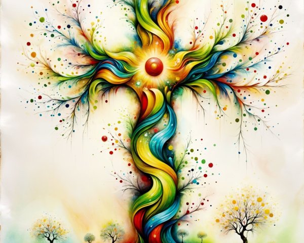 Whimsical Tree with Colorful Trunk and Glowing Orb