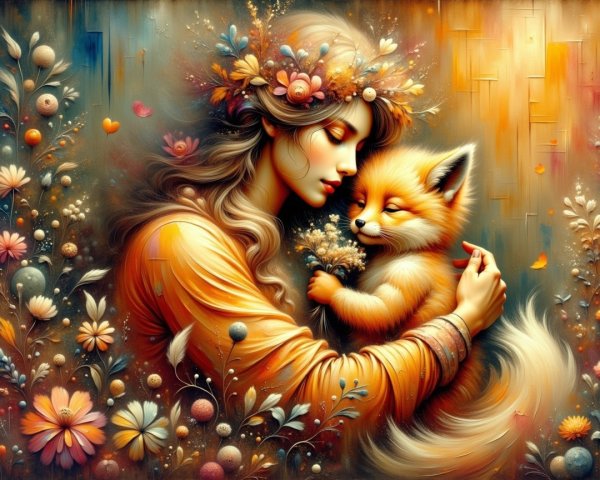 Whimsical Scene of Woman and Fox in Colorful Flowers