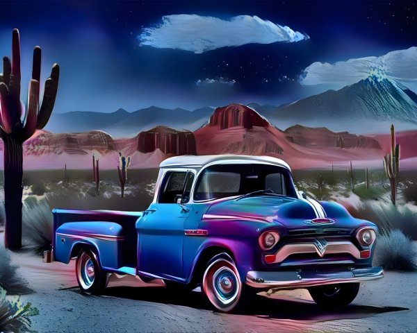 Vintage Pickup Truck in Desert Landscape at Sunset