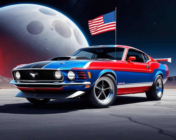 1970s Muscle Car on Lunar Surface with Colorful Moon