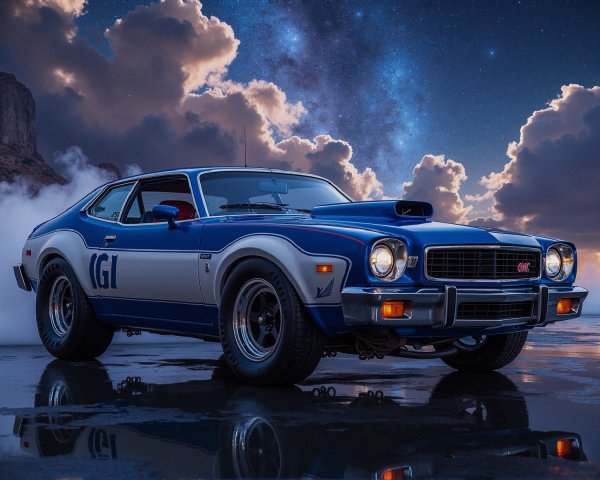 Vintage Blue and White Muscle Car Against Dramatic Sky
