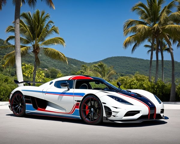 White Supercar with Red and Blue Stripes in Tropical Setting