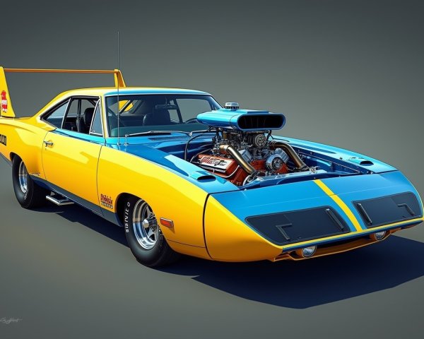 Classic Muscle Car with Blue and Yellow Paint Job