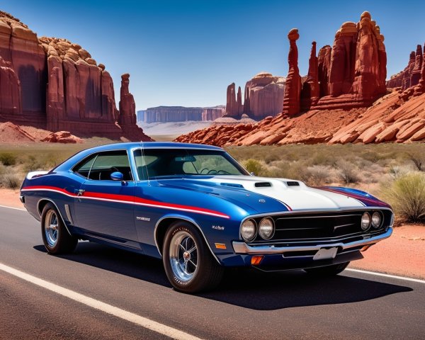Blue Muscle Car with Red and White Racing Stripes