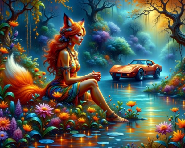 Fantastical Woman with Fox Ears by a Flower Pond