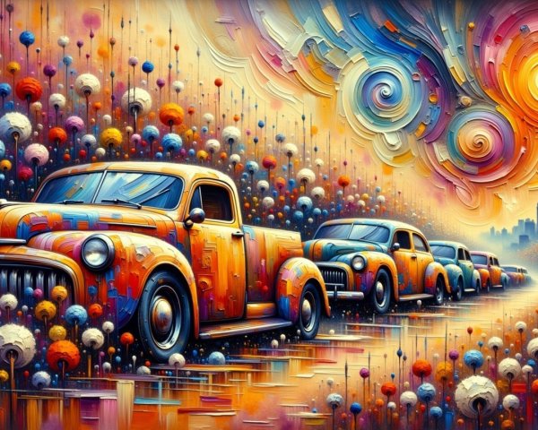 Colorful Vintage Trucks in a Surreal Landscape