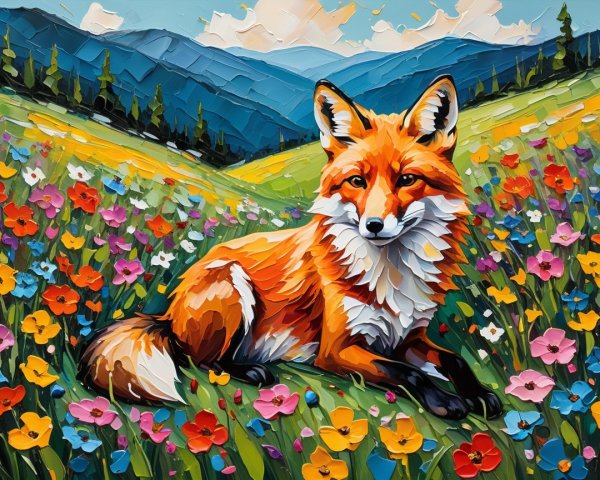 Impressionistic Painting of a Fox in a Meadow