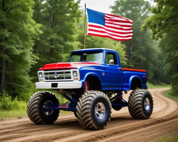Classic Pickup Truck on Dirt Road with American Flag