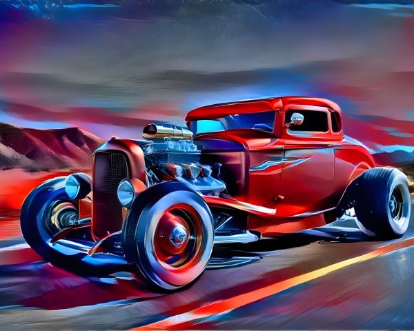 Vibrant Red Classic Hot Rod on Desert Highway