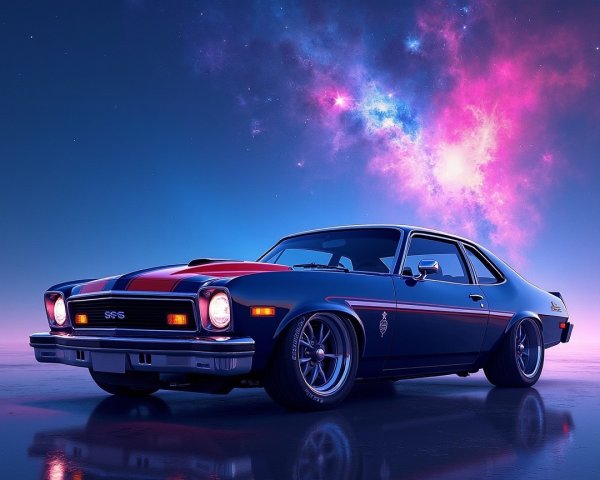 Retro Muscle Car Against Cosmic Purple and Blue Hues