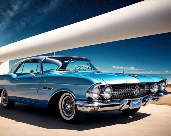 Vintage Blue Car with Chrome Accents Under Clear Sky