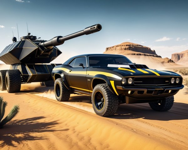 Black Muscle Car and Tank in Desert Landscape