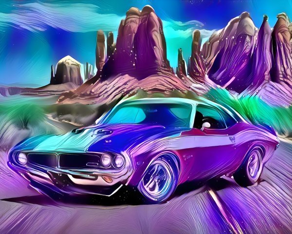 Vibrant Classic Car on Winding Road with Rock Formations