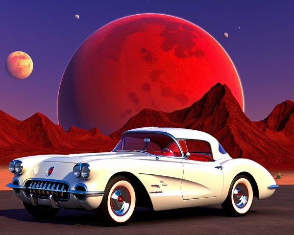 White Corvette in Surreal Extraterrestrial Landscape