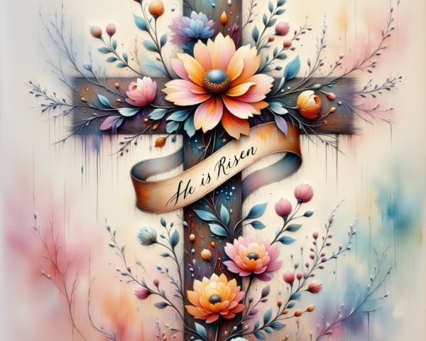 Wooden Cross with Floral Arrangements and Ribbon Phrase