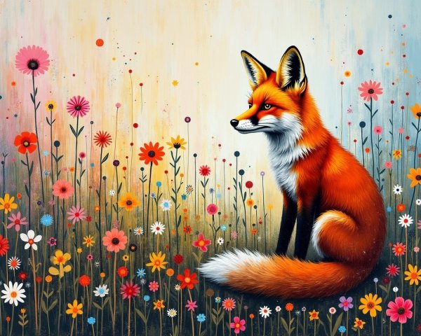 Majestic fox in a colorful flower field illustration