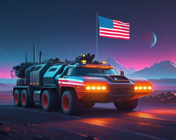 Futuristic Armored Vehicle in Alien Landscape at Twilight