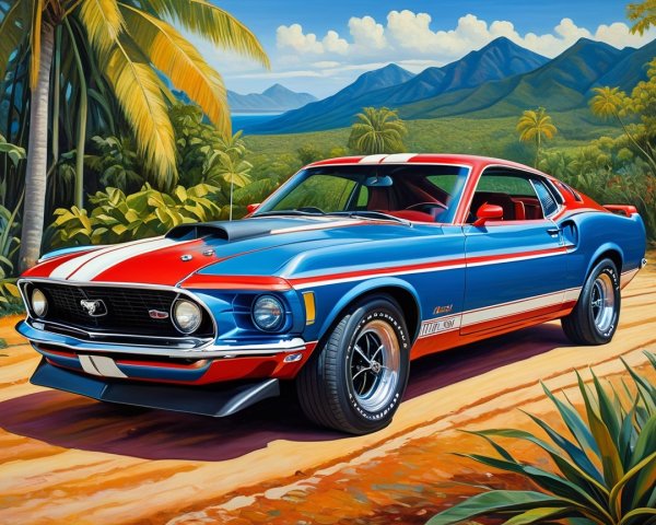 Artistic depiction of a classic 1970 Mustang in nature