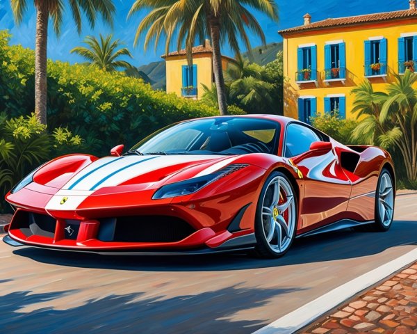 Vibrant Red Ferrari in Tropical Street Setting