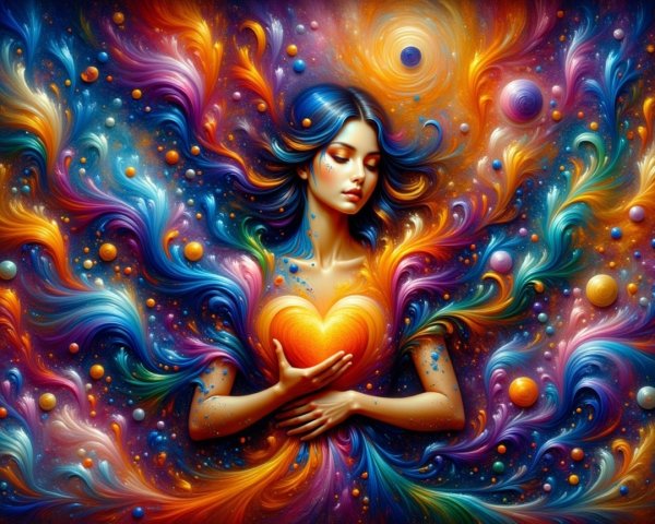 Ethereal Figure Surrounded by Vibrant Colors and Patterns