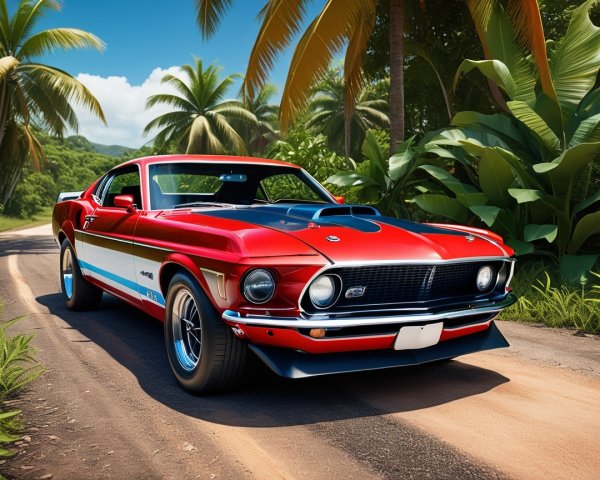 Vintage Muscle Car on Tropical Road with Palm Trees
