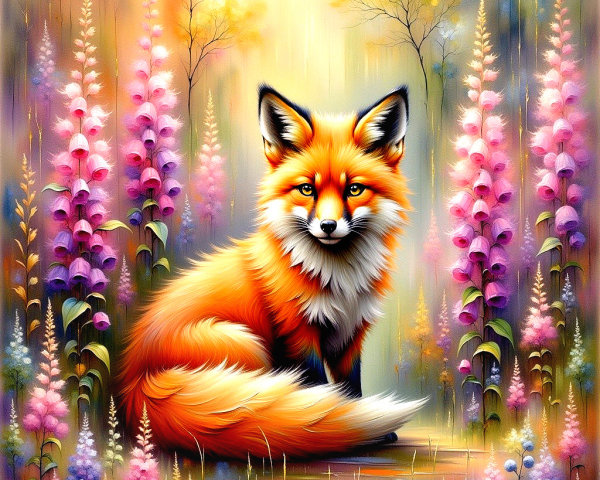 Stylized fox in a field of colorful foxglove flowers
