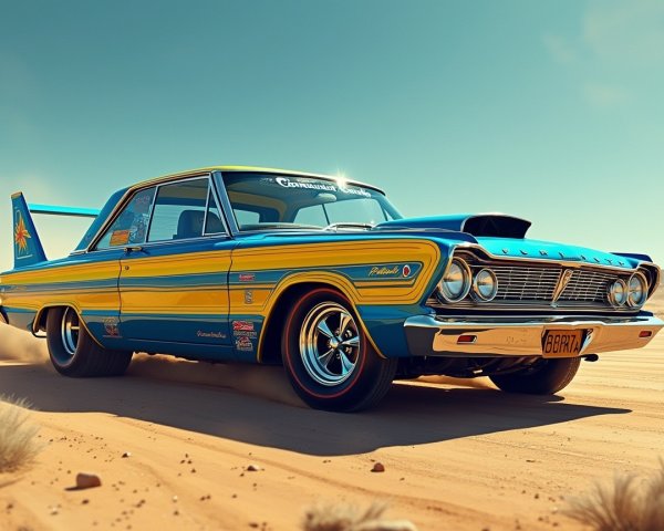 Mid-20th Century Classic Car in Blue and Yellow