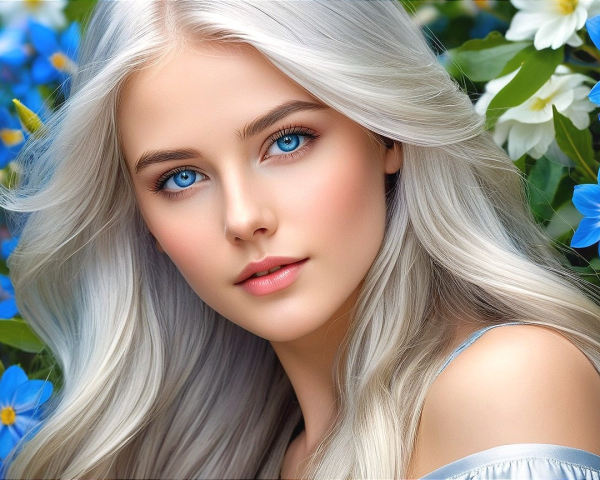 Young woman with platinum hair in a lush setting