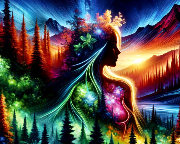 Surreal Landscape with Woman and Colorful Nature Elements