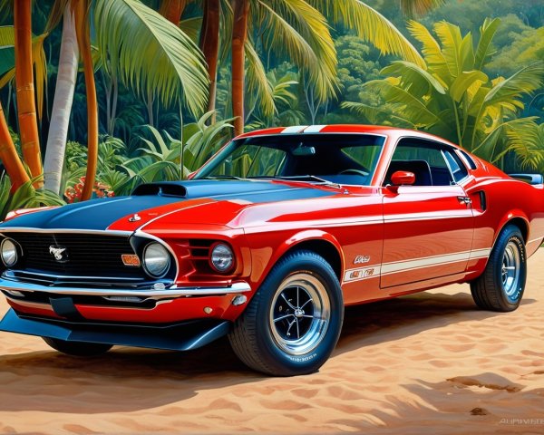1970 Ford Mustang on a Beach with Palm Trees