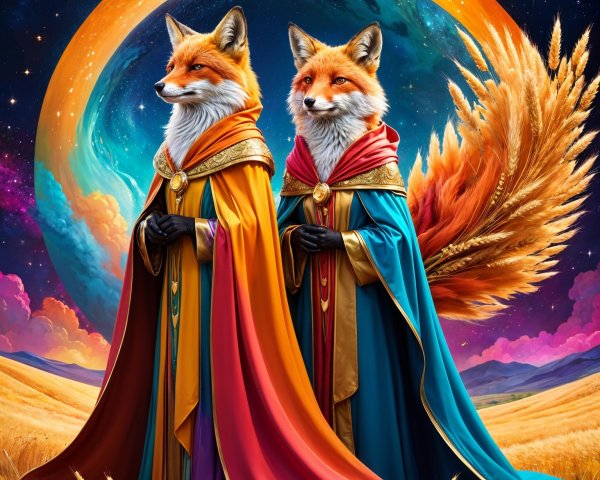 Majestic foxes in cosmic landscape with vibrant colors