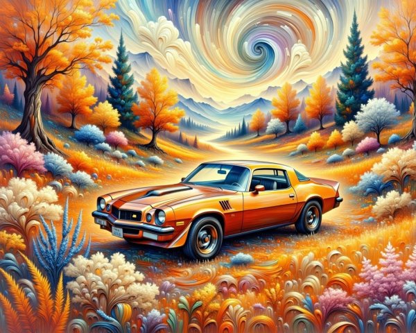 Vibrant Autumn Landscape with Retro Orange Car