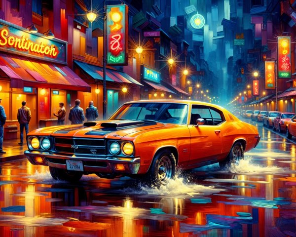 Vibrant City Street with Neon Lights and Muscle Car