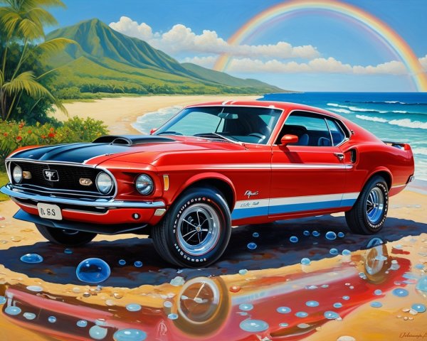 1970 Mustang on Beach with Rainbow and Palm Trees