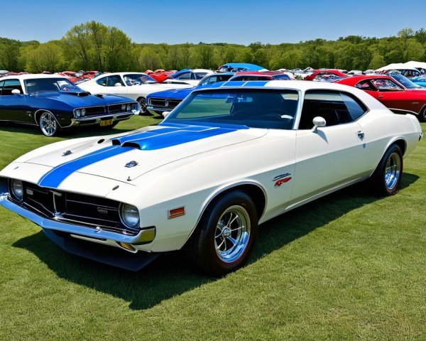 1970s Muscle Car with White Exterior and Blue Stripes