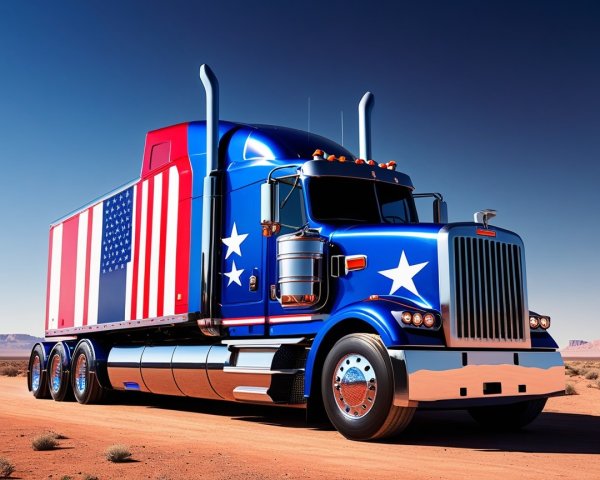 Blue Truck with American Flag in Desert Landscape