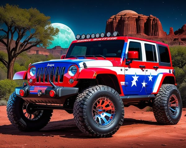 Modified Jeep with American flag theme in desert